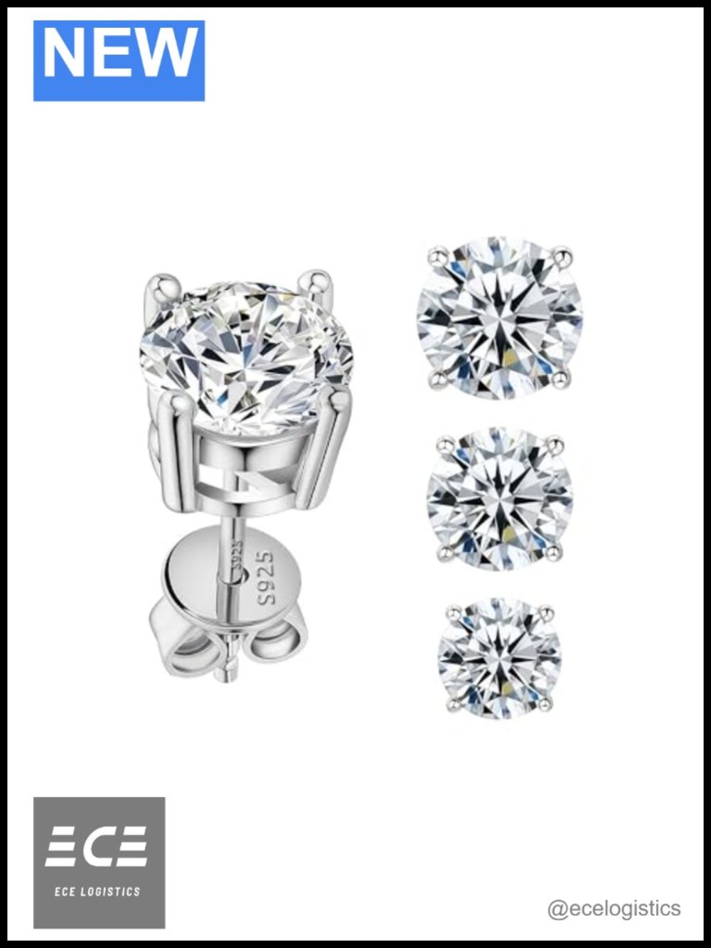Moissanite Stud Earrings 925 Sterling Silver 18K White Gold Plated Studs